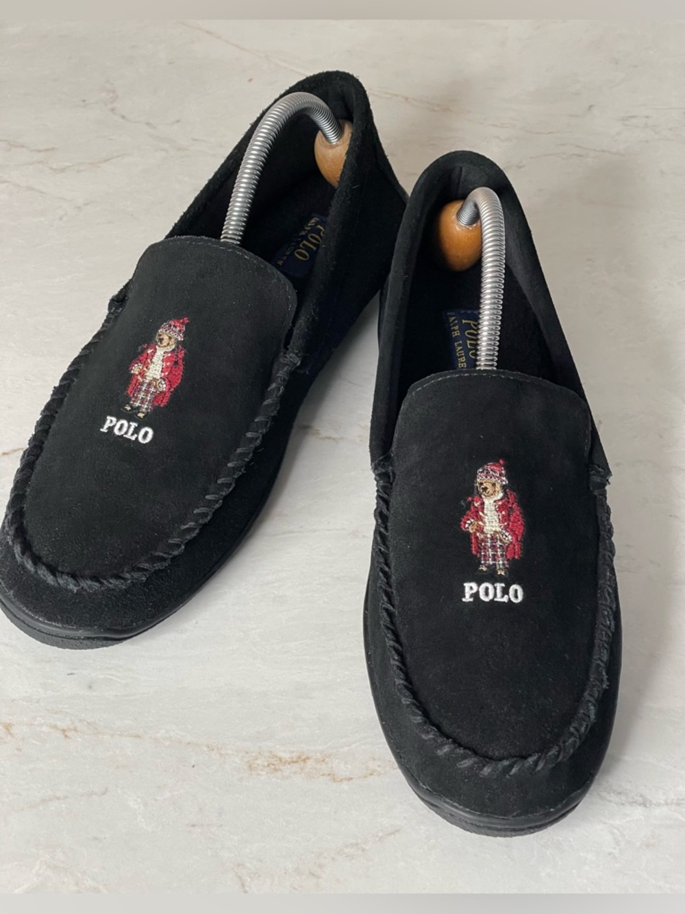 Polo Ralph Lauren Black Suede BRENAN POLO BEAR Moccasin Slipper, Size 10 - NWOT